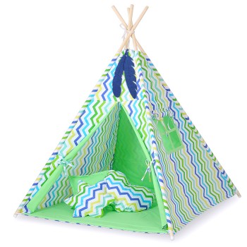 Teepees tent for kids +play mat + decorative feathers - Chevron green-blue