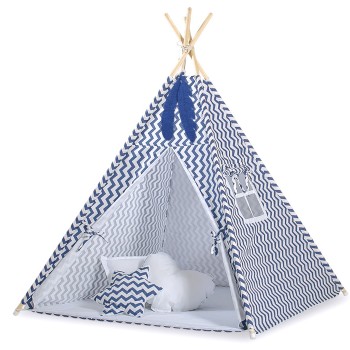 Teepee tent for kids +play mat + decorative feathers - Chevron navy blue