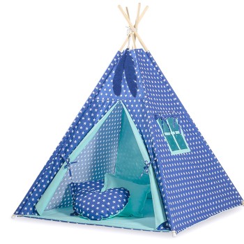 Teepee tent for kids +play mat + decorative feathers - Stars navy blue