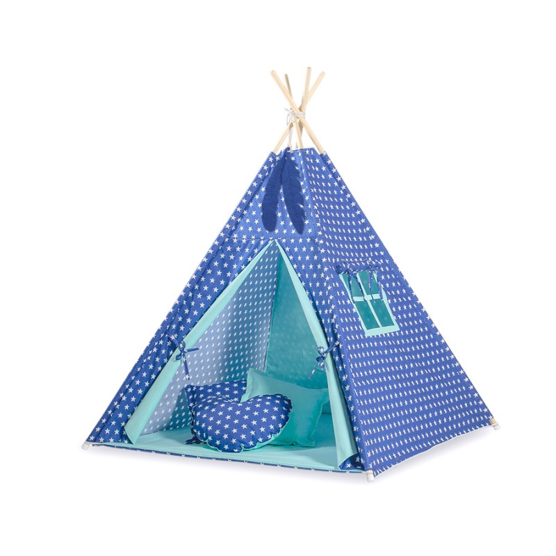 Teepee tent for kids +play mat + decorative feathers - Stars navy blue