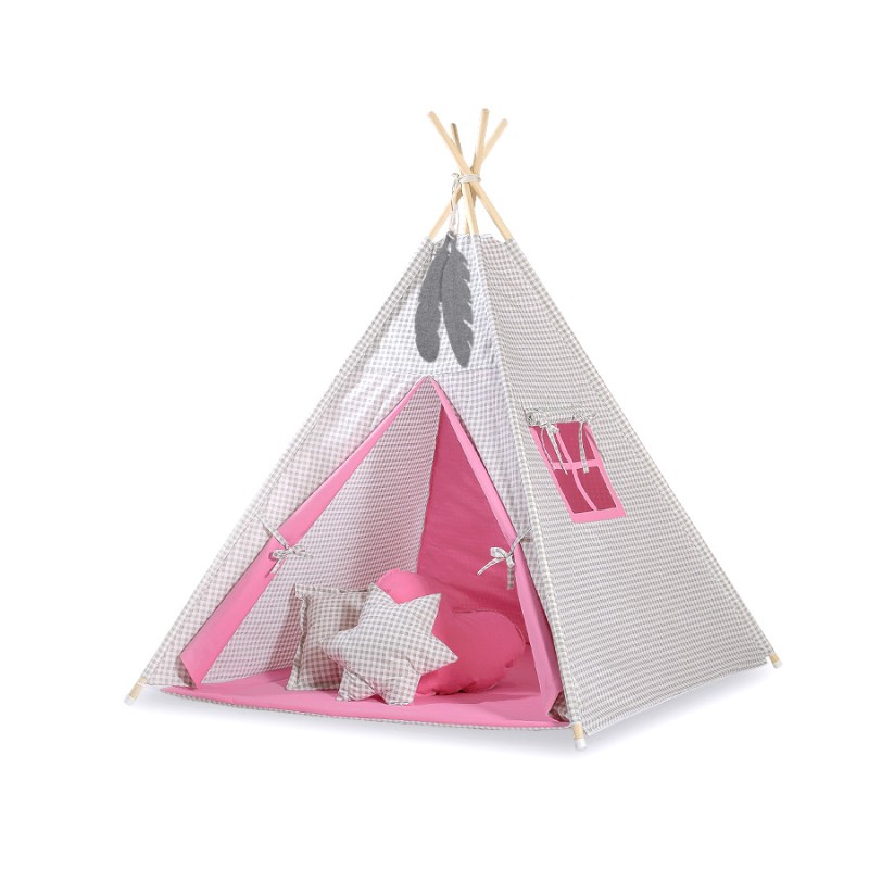 Teepees tent for kids +play mat + decorative feathers - Grey checkered-pink