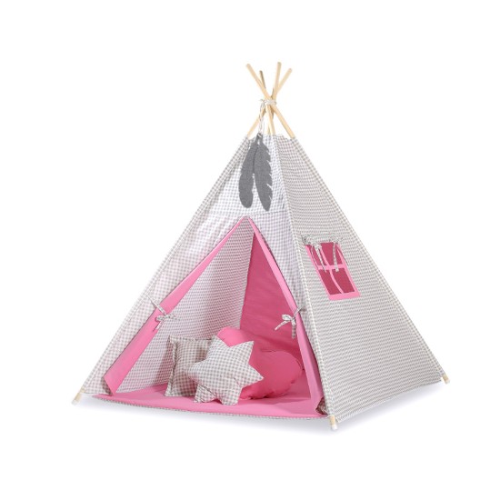Παιδική Σκηνή - Teepee + Χαλάκι + Μαξιλάρια + Διακοσμητικά Φτερά - Grey checkered-pink Παιδική Σκηνή - Teepee + Χαλάκι + Μαξιλάρια + Διακοσμητικά Φτερά - Grey checkered-pink