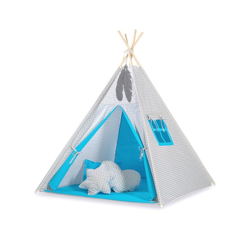 Teepees tent for kids +play mat + decorative feathers - Grey checkered-turquoise