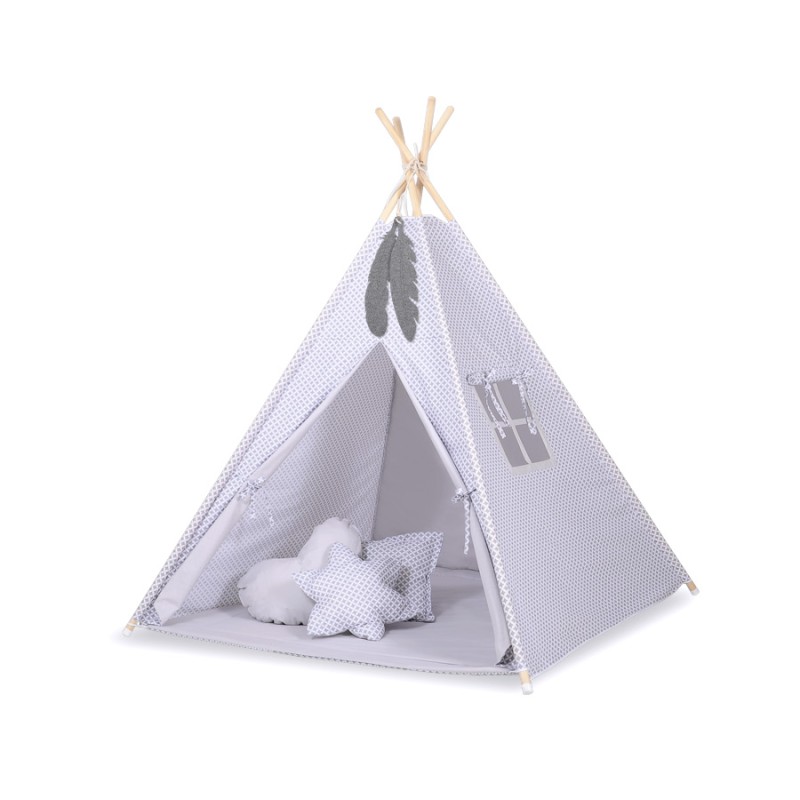 Teepee tent for kids +play mat + decorative feathers - grey flowers