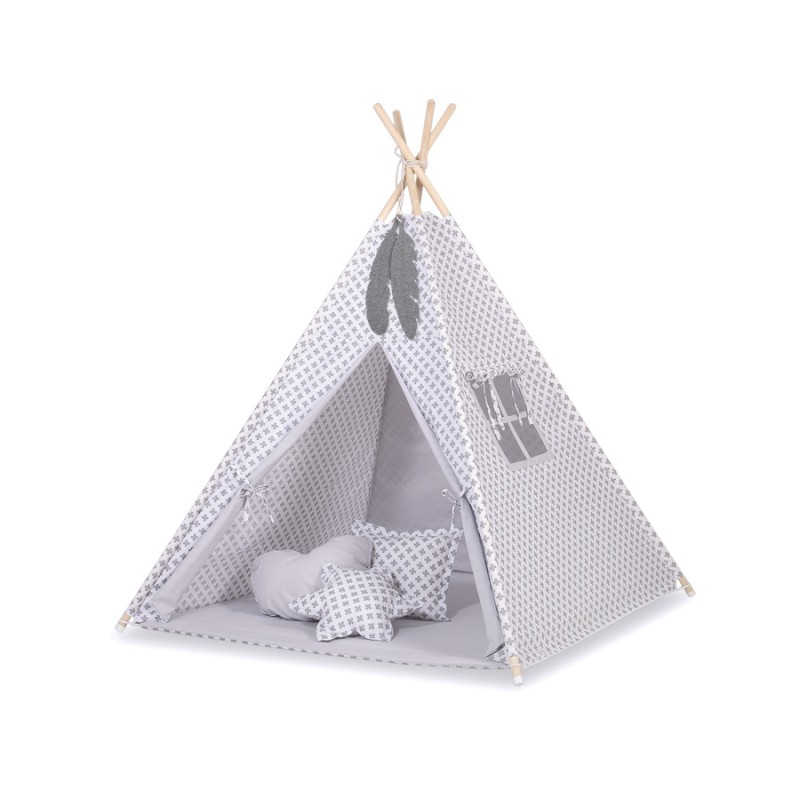 Teepee tent for kids + decorative feathers - Gray cross pattern