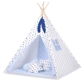 Teepee tent for kids +play mat + decorative feathers - Black Stars/blue
