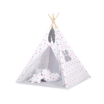 Teepee tent for kids + decorative feathers -pink stars/grey