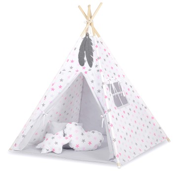 Teepee tent for kids +play mat + decorative feathers - Grey-pink stars/grey