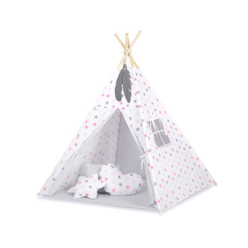 Teepee tent for kids +play mat + decorative feathers - Grey-pink stars/grey