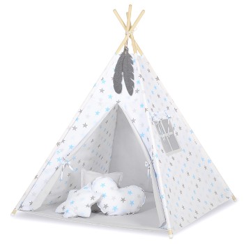 Teepees tent for kids +play mat + decorative feathers - Grey-blau stars/grey