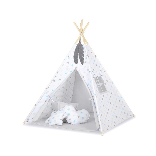Teepees tent for kids +play mat + decorative feathers - Grey-blau stars/grey Teepees tent for kids +play mat + decorative feathers - Grey-blau stars/grey