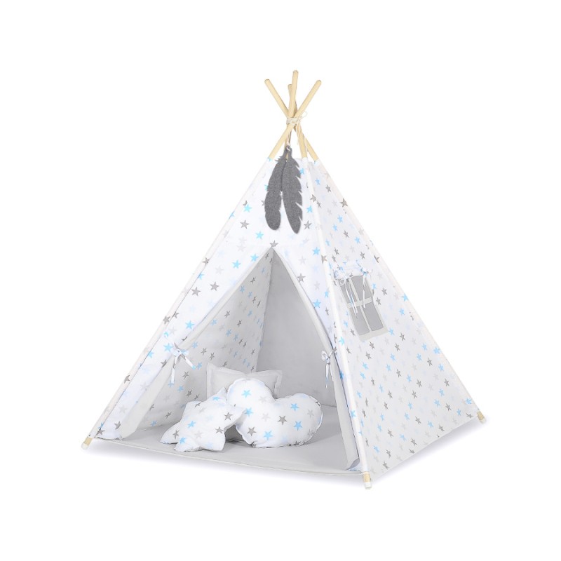 Teepees tent for kids +play mat + decorative feathers - Grey-blau stars/grey