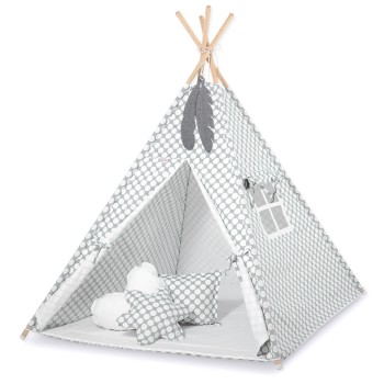 Teepees tent for kids +play mat + decorative feathers - grey with white dots