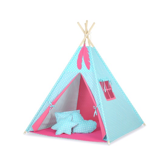 Teepee tent + decorative feathers- White dots on turquoise/dark pink
