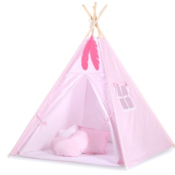 MINI Set: Teepees tent+play mat + decorative feathers - White dots on pink