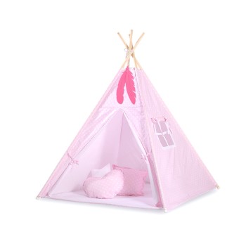 MINI Set: Teepees tent+play mat + decorative feathers - White dots on pink