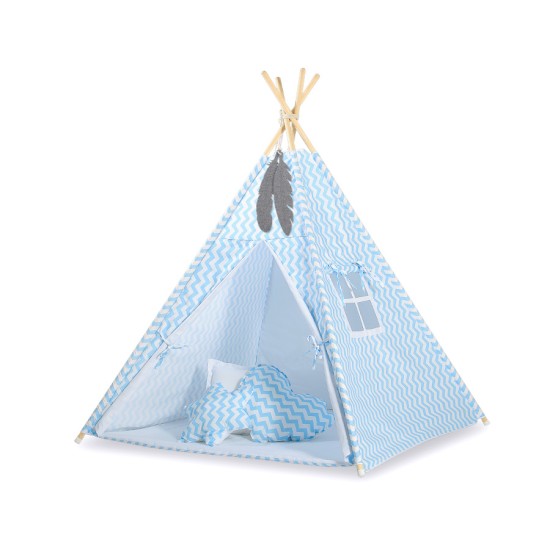 Teepee tent + decorative feathers - Chevron blue