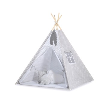 Teepee tent + decorative feathers- White dots on grey