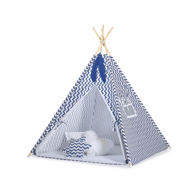 Teepee tent + decorative feathers- Chevron navy blue