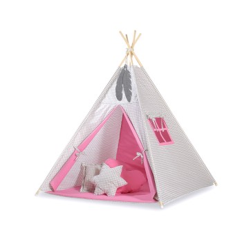 MINI Set: Teepees tent+play mat + decorative feathers - Grey checkered-pink