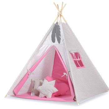 Teepee tent + decorative feathers- Grey checkered- pink
