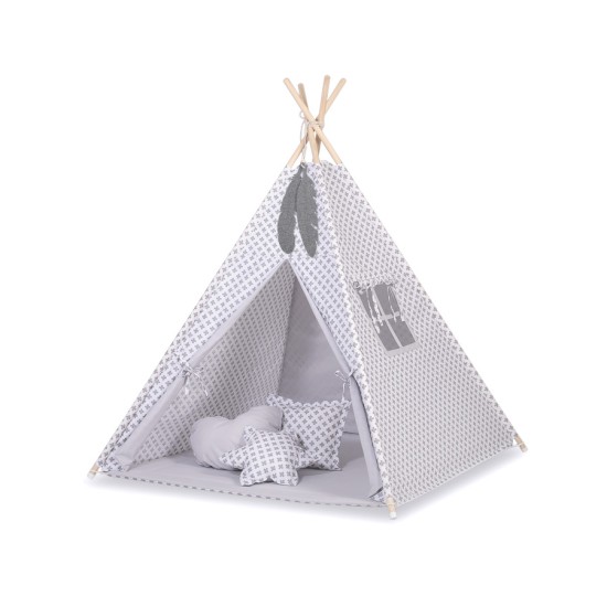 Teepee tent + decorative feathers- Gray cross pattern Teepee tent + decorative feathers- Gray cross pattern