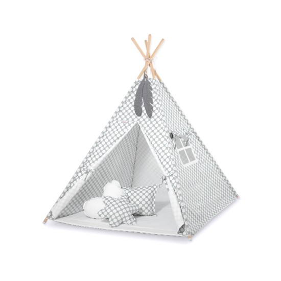 Teepee tent + decorative feathers- grey with white dots