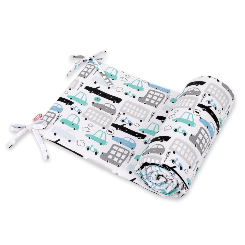 Universal bumper for cot - gray and turquoise cars