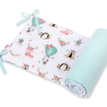 Universal double-sided bumper for cot - foxes beige/mint