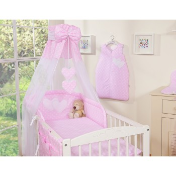 Σετ Προίκας Μωρού 5τμχ με Κουνουπιέρα - Hanging Hearts white dots on pink