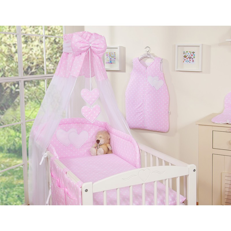 Σετ Προίκας Μωρού 5τμχ με Κουνουπιέρα - Hanging Hearts white dots on pink