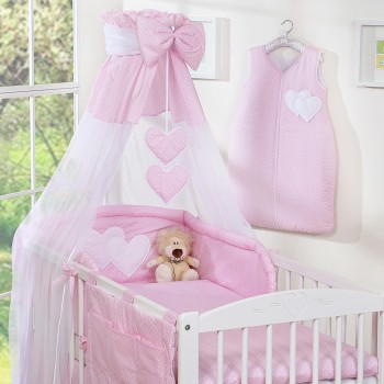 Σετ Προίκας Μωρού 5τμχ με Κουνουπιέρα - Hanging Hearts white polka dots on pink