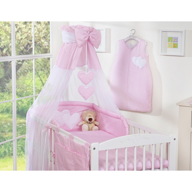 Σετ Προίκας Μωρού 5τμχ με Κουνουπιέρα - Hanging Hearts white polka dots on pink