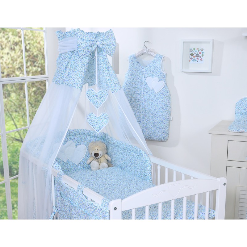 Σετ Προίκας Μωρού 5τμχ με Κουνουπιέρα - Hanging Hearts little blue flowers