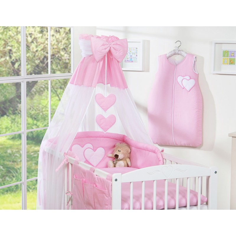 Σετ Προίκας Μωρού 5 τμχ με Κουνουπιέρα - Hanging Hearts pink