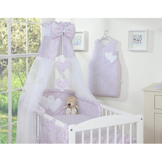 Σετ Προίκας Μωρού 5τμχ με Κουνουπιέρα - Hanging Hearts little pink flowers Σετ Προίκας Μωρού 5τμχ με Κουνουπιέρα - Hanging Hearts little pink flowers