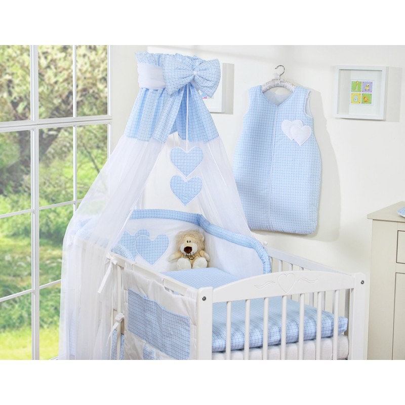 Σετ Προίκας Μωρού 5τμχ με Κουνουπιέρα - Hanging Hearts blue checkered