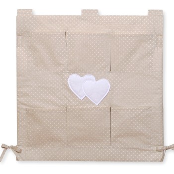 Cot tidy- Hanging Hearts white polka dots on beige