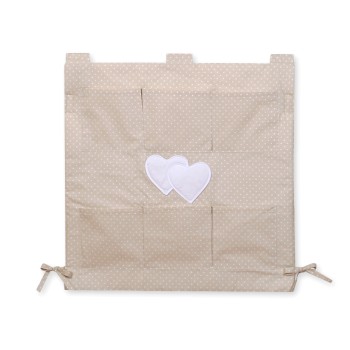 Cot tidy- Hanging Hearts white polka dots on beige