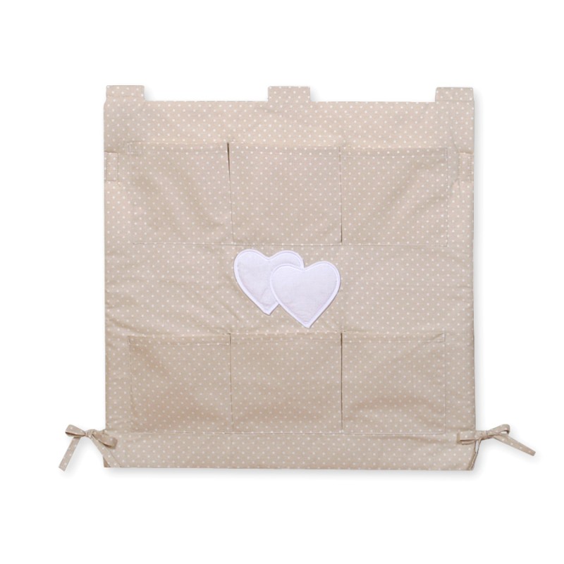 Cot tidy- Hanging Hearts white polka dots on beige