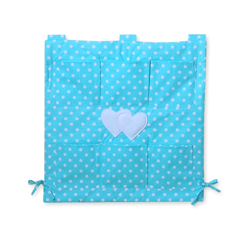 Cot tidy- Hanging Hearts white dots on turquoise