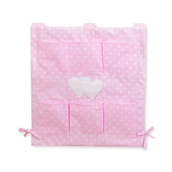 Cot tidy- Hanging Hearts white dots on pink