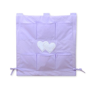 Cot tidy- Hanging Hearts white polka dots on lilac