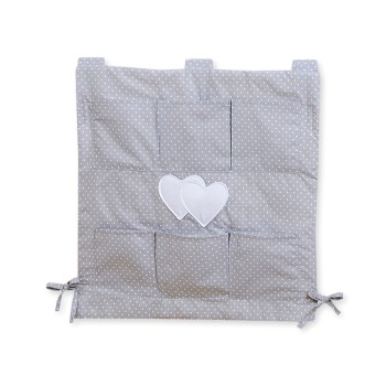 Cot tidy- Hanging Hearts white polka dots on grey