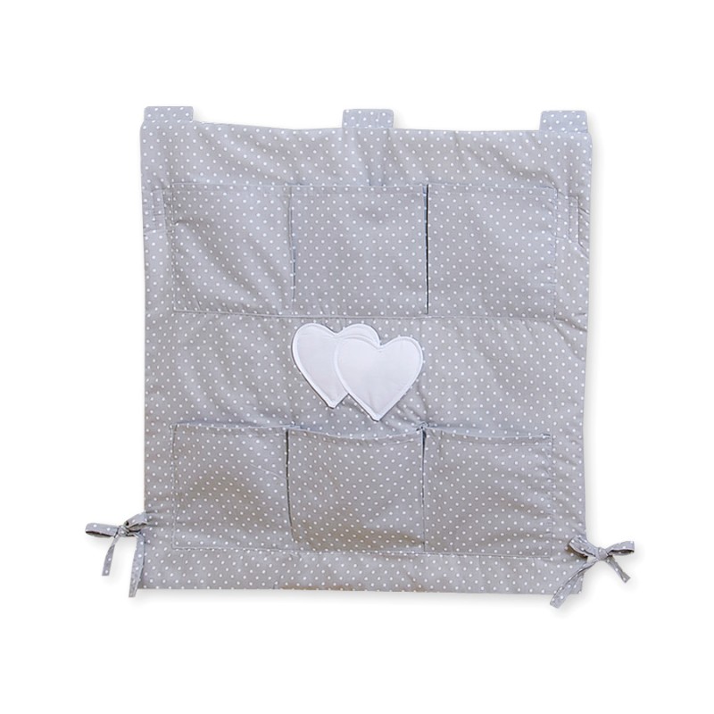 Cot tidy- Hanging Hearts white polka dots on grey