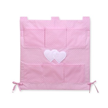 Cot tidy- Hanging Hearts white polka dots on pink