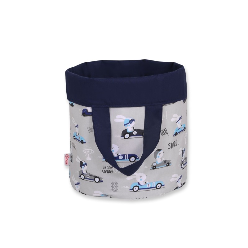 Double-sided toy basket L - gray rabbits/dark blue
