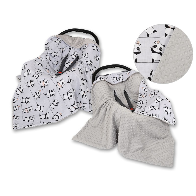 Double-sided car seat blanket fo babies - grey pandas/grey