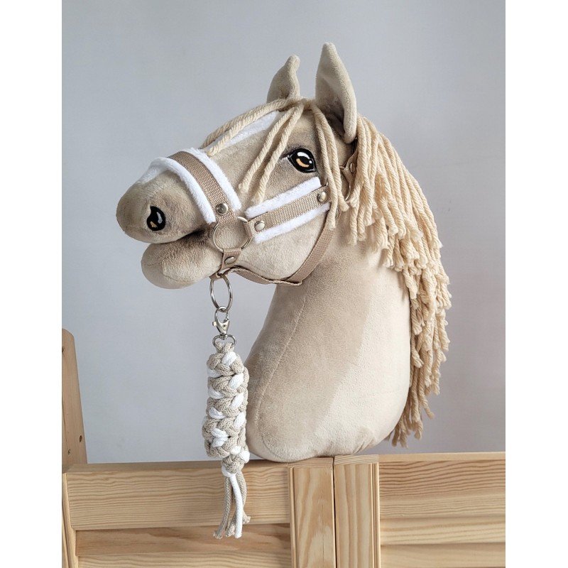 Set for Hobby Horse: the halter A3 with white furry + Tether made of cord - white-beige