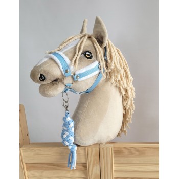 Set for Hobby Horse: the halter A3 with white furry + Tether made of cord - white-light blue